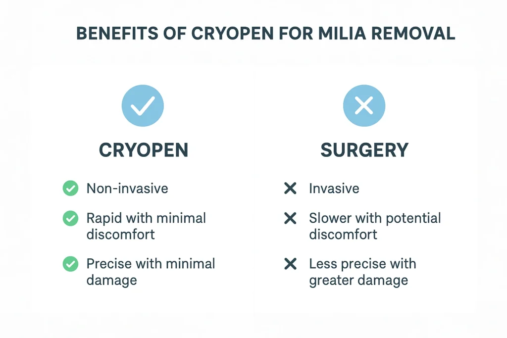 Benefits of cryopen for milia removal Newmarket compared to surgical treatments.