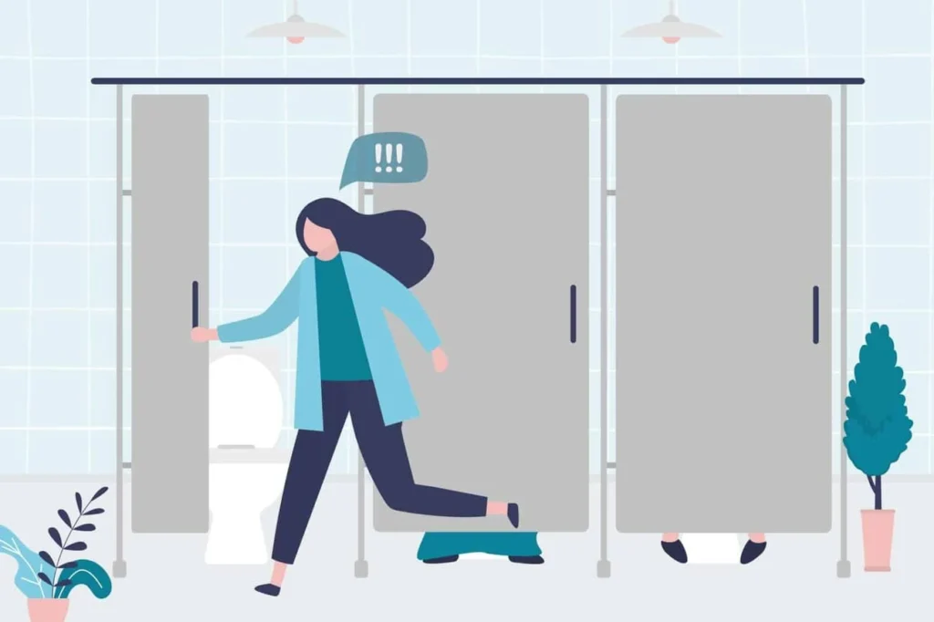 graphic of Urine incontinence Newmarket woman running to the toilet.