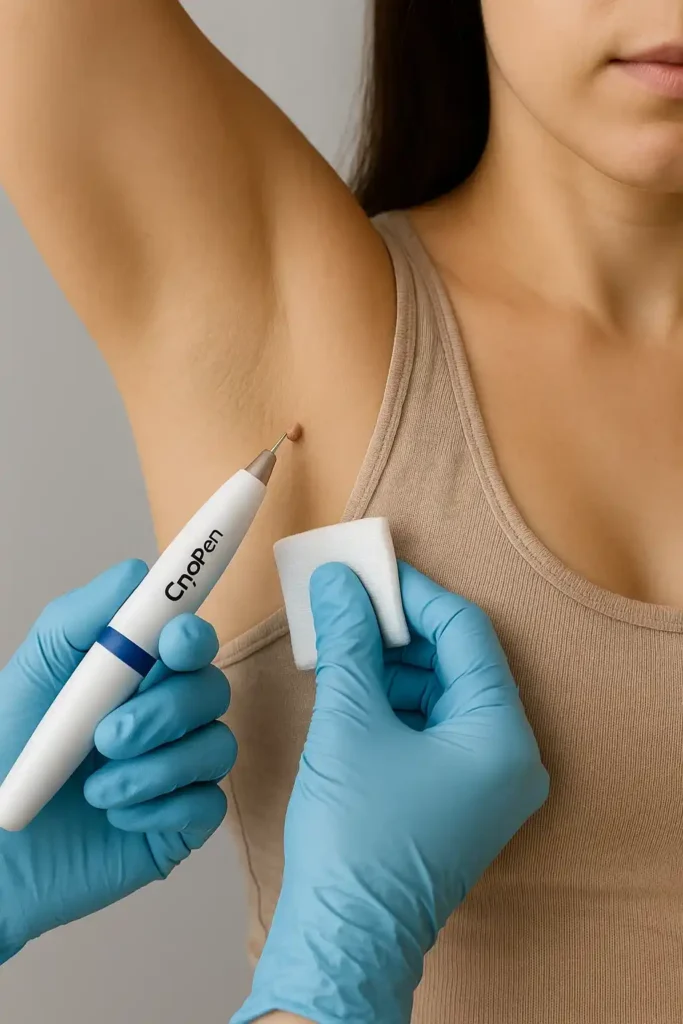 woman having cryopen to remove underarm skin tags Newmarket