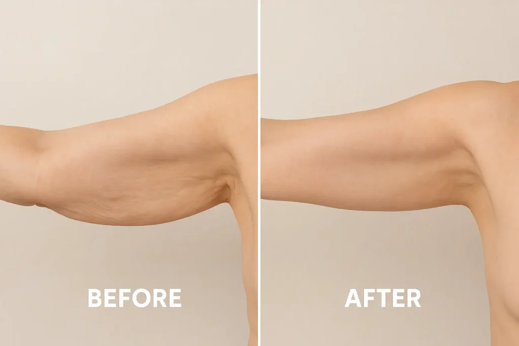 Picture of LA LIPO Newmarket before and after results of skin tightening treatment on the upper arms.
