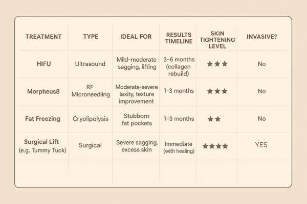 Table showing the comparisons of Skin tightening Newmarket treatment options.